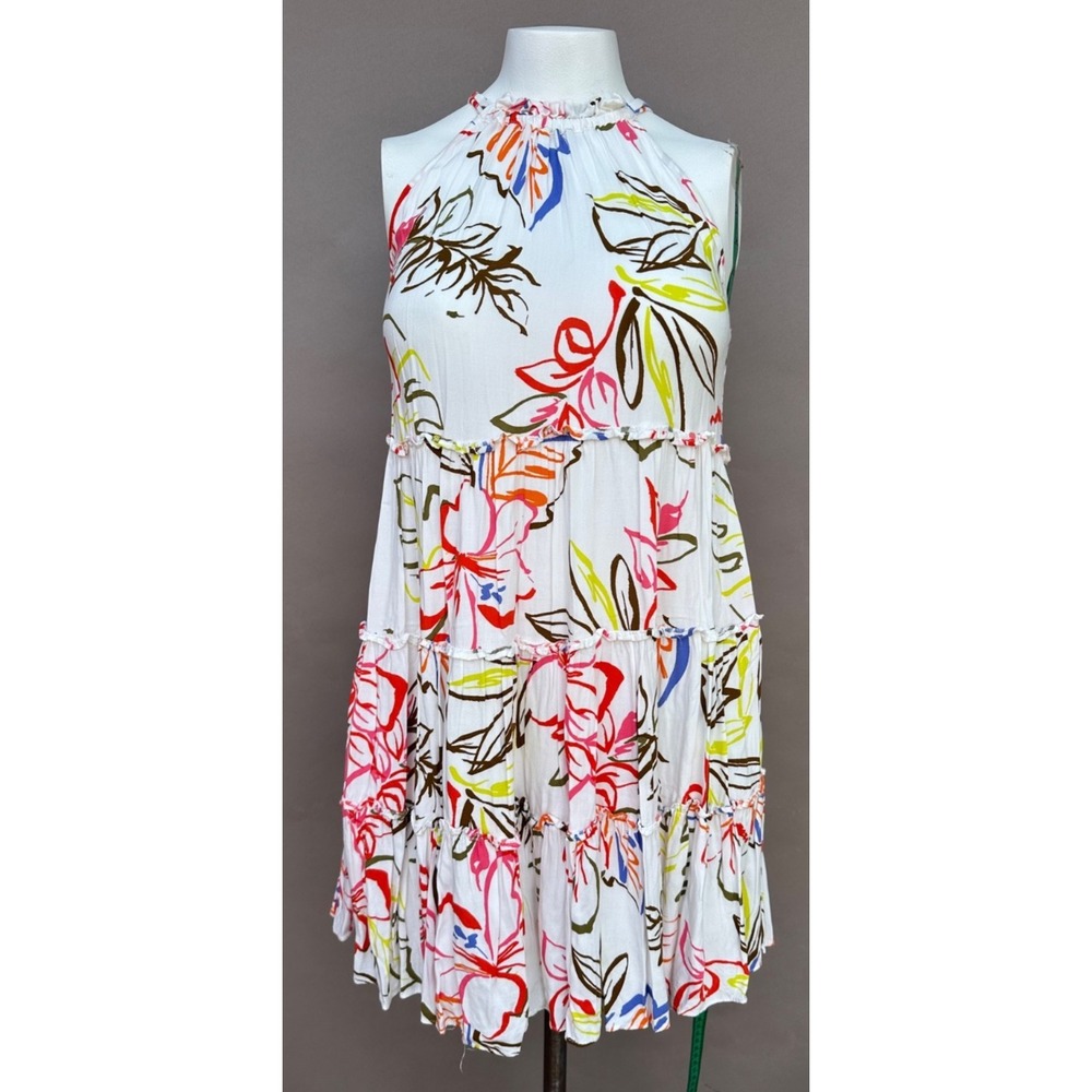 CeCe Tropical Tie Back Halter Tiered Sleeveless Mini Dress Floral Womens Size PS